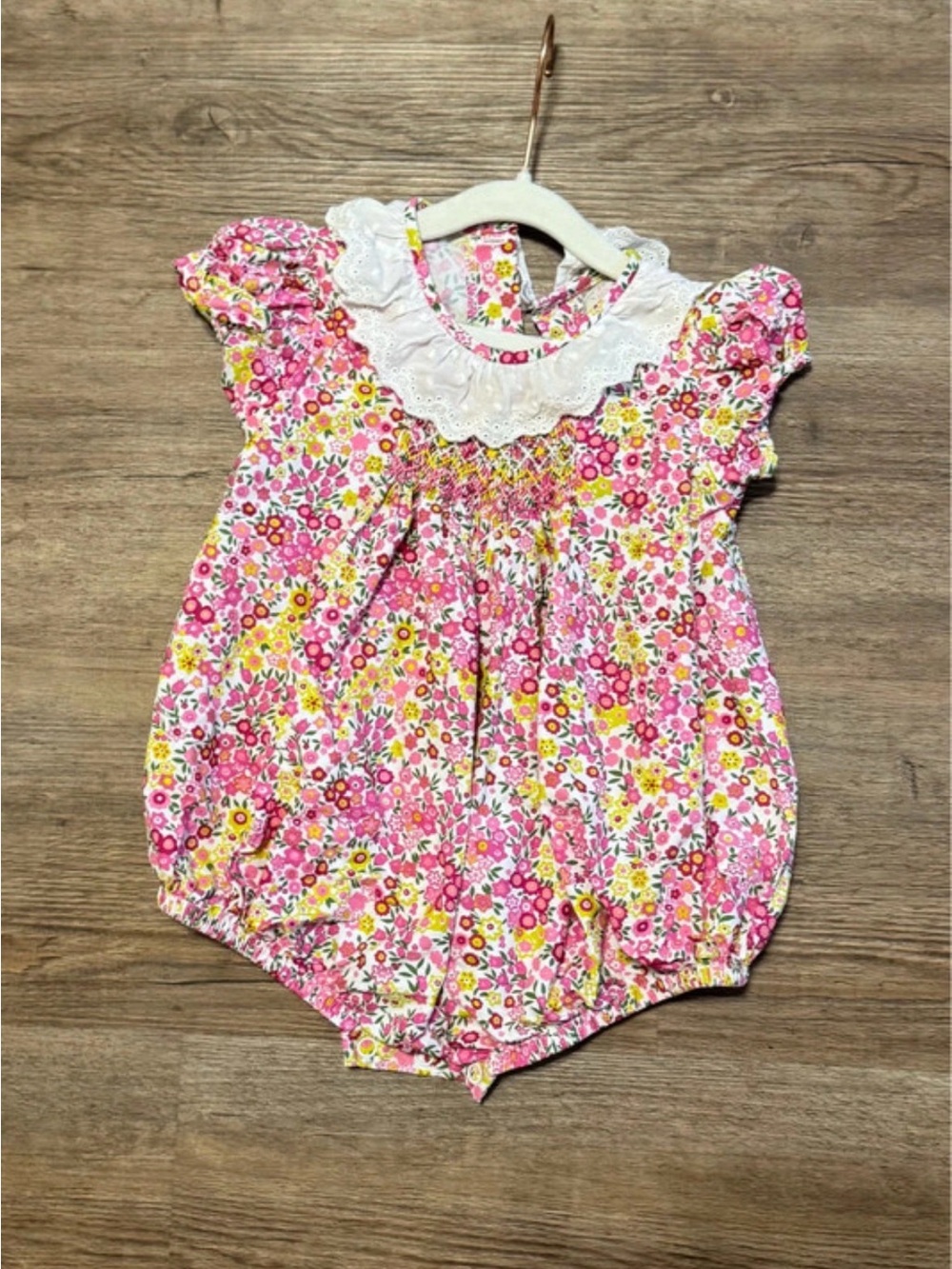 Classic Floral Bubble Romper with Eyelet Collar - Pink 12 month